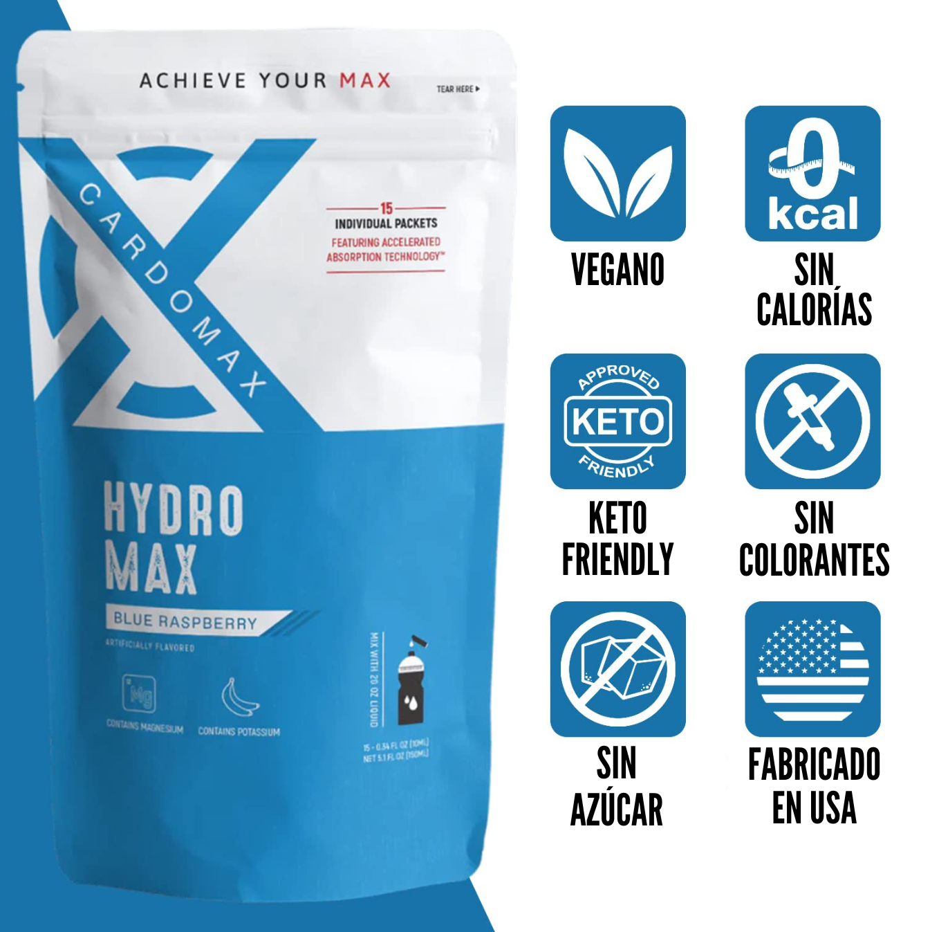 Hydro Max Blue Raspberry - Sin azúcar, cero calorías, vegano, keto friendly